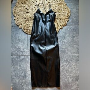 NWOT Faux leather spaghetti strap midi bodycon dress. Size Md